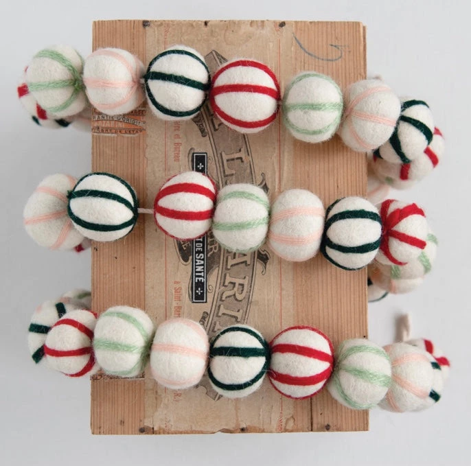 Creative Co-Op 72” Wool Felt Striped Ball Garland 1 Creative Co-Op 72” Wool Felt Striped Ball Garland