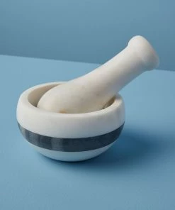 Be Home White & Gray Marble Mortar And Pestle With Stripe