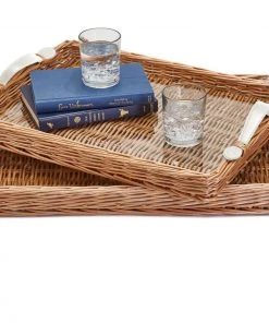 Two’s Company Décor Large-Wicker Trays White Handles